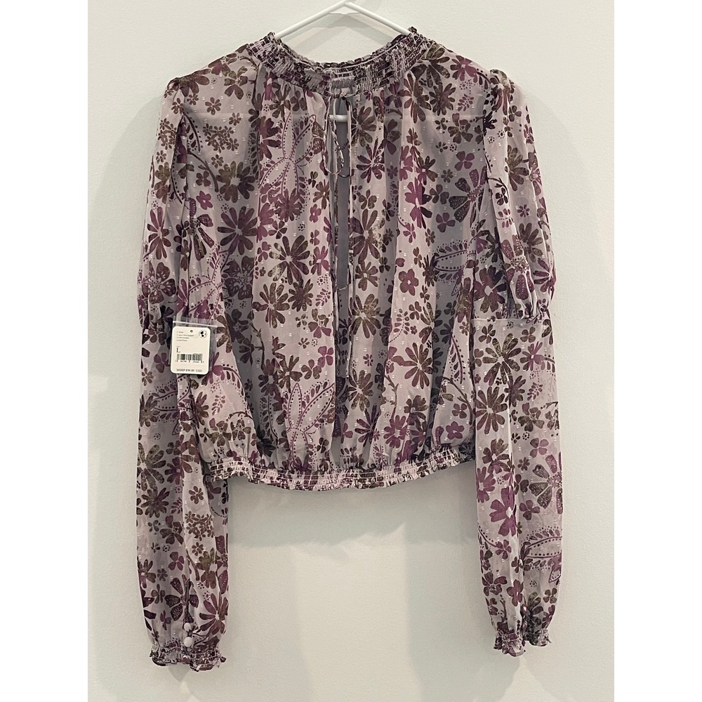 SALE Free People‎ Floral Cropped Top Lavender Boho Smocked Neck Long Sleeve NWT - Picture 2 of 10